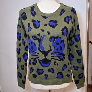 Hooked Up Womens Jrs Sweater Green Purple‎ Leopard Cheetah Cat Print Acrylic XS